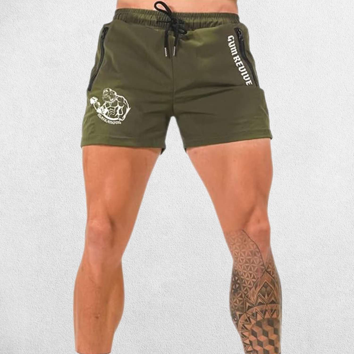 Model wearing Army Green GPW Men’s Quick-Dry Running Shorts - Gym, Bodybuilding, Beachwear
