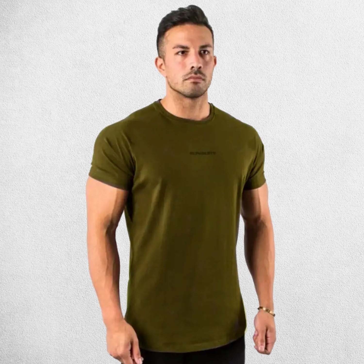 Front View of Model Wearing Army Green Gym Cotton T-Shirt for Men – Slim Fit, Short Sleeve, Workout & Bodybuilding Tee