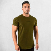 Front View of Model Wearing Army Green Gym Cotton T-Shirt for Men – Slim Fit, Short Sleeve, Workout & Bodybuilding Tee
