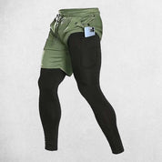 Close-up of Army Green 2-in-1 compression running pants with breathable layers