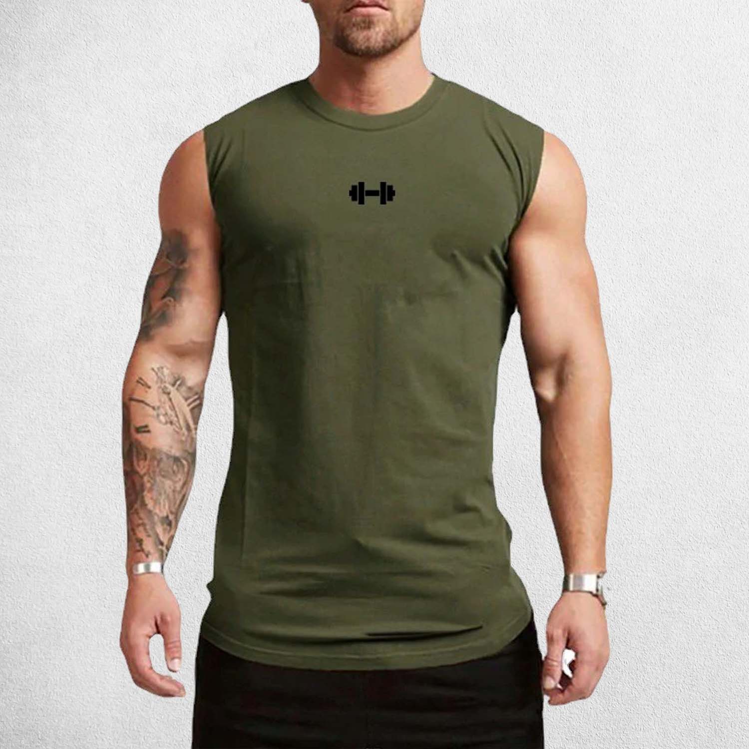 Front View of Model Wearing Army Green Men’s Compression Gym Tank Top – Sleeveless Cotton Muscle Vest for Fitness & Bodybuilding