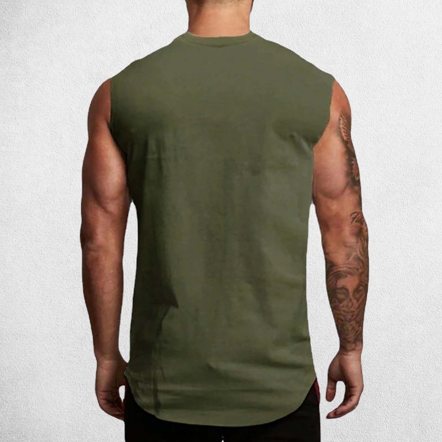 Back  View of Model Wearing Army Green Men’s Compression Gym Tank Top – Sleeveless Cotton Muscle Vest for Fitness & Bodybuilding