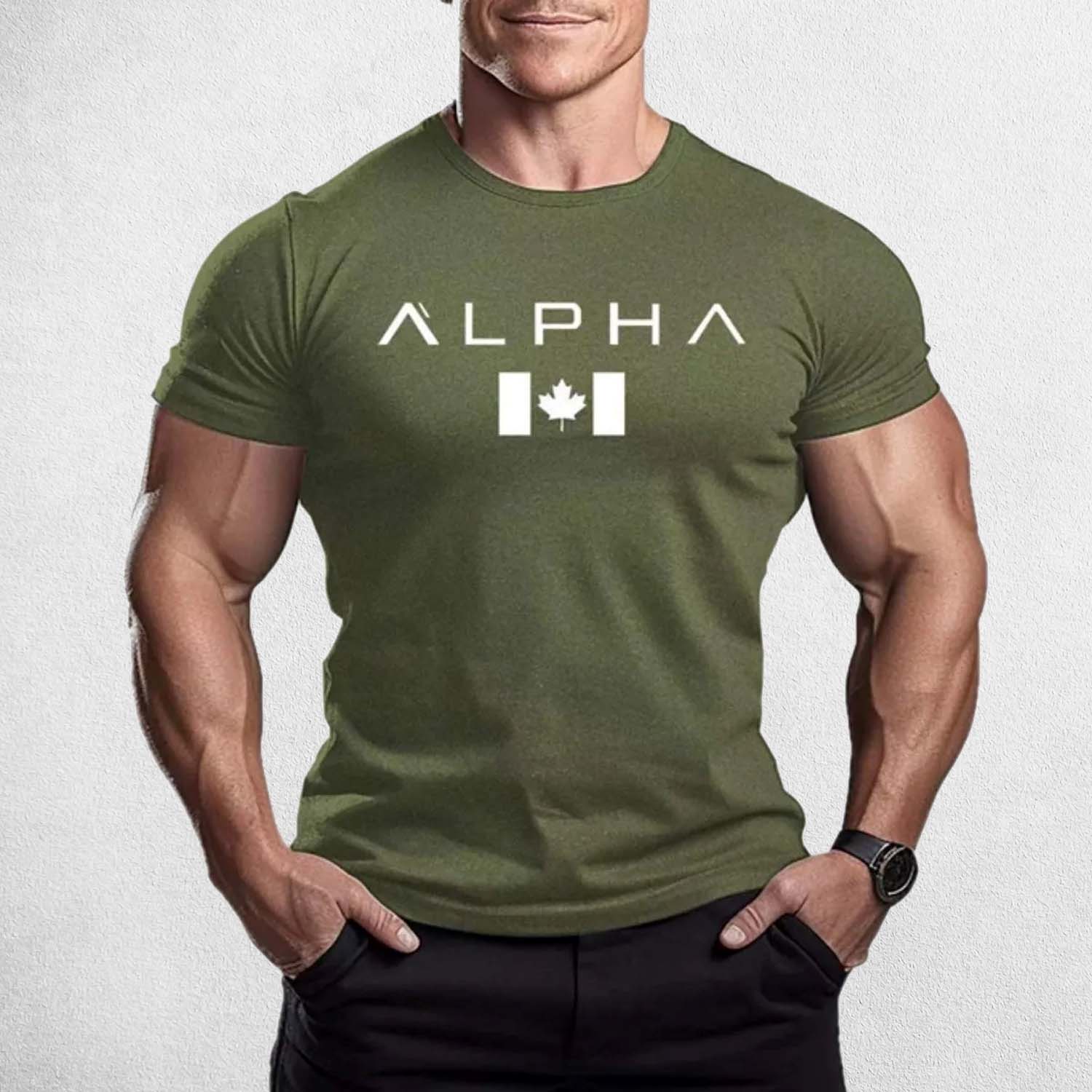 Front Pose of Model wearing Army Green Men’s Oversized Maple Leaf Gym T-Shirt – Quick-Drying Athletic Streetwear Tee