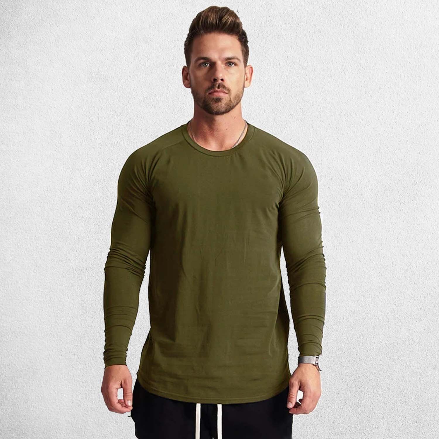 Army Green Men’s Slim Fit Cotton Fitness Long Sleeve T-Shirt – Front view showcasing O-neck design and letter pattern for casual and gym wear.