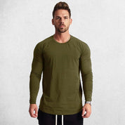 Army Green Men’s Slim Fit Cotton Fitness Long Sleeve T-Shirt – Front view showcasing O-neck design and letter pattern for casual and gym wear.