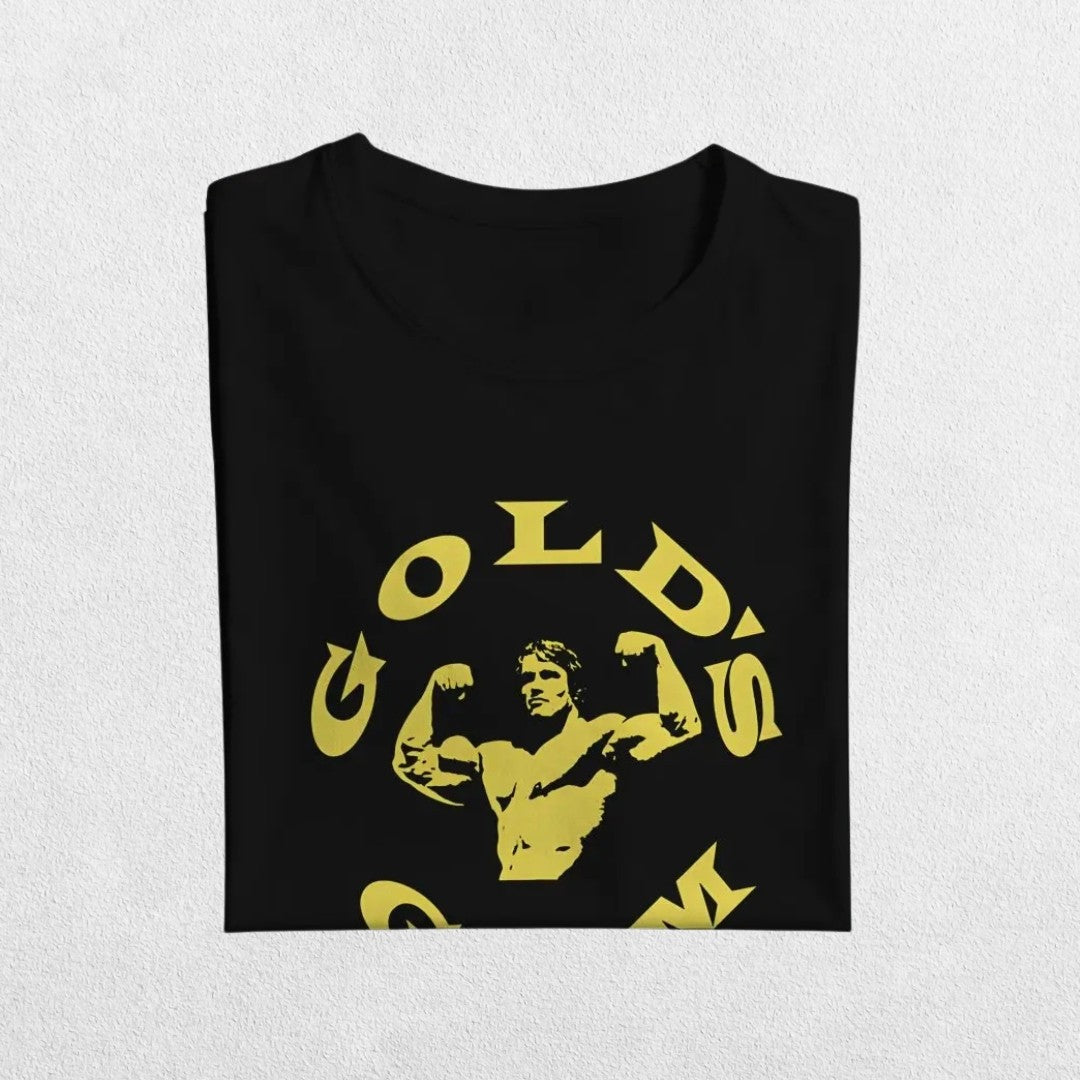 Close-up of  Black Arnold Schwarzenegger graphic design on Gold's Gym T-Shirt