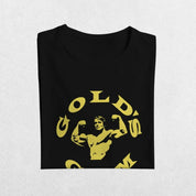 Close-up of  Black Arnold Schwarzenegger graphic design on Gold's Gym T-Shirt