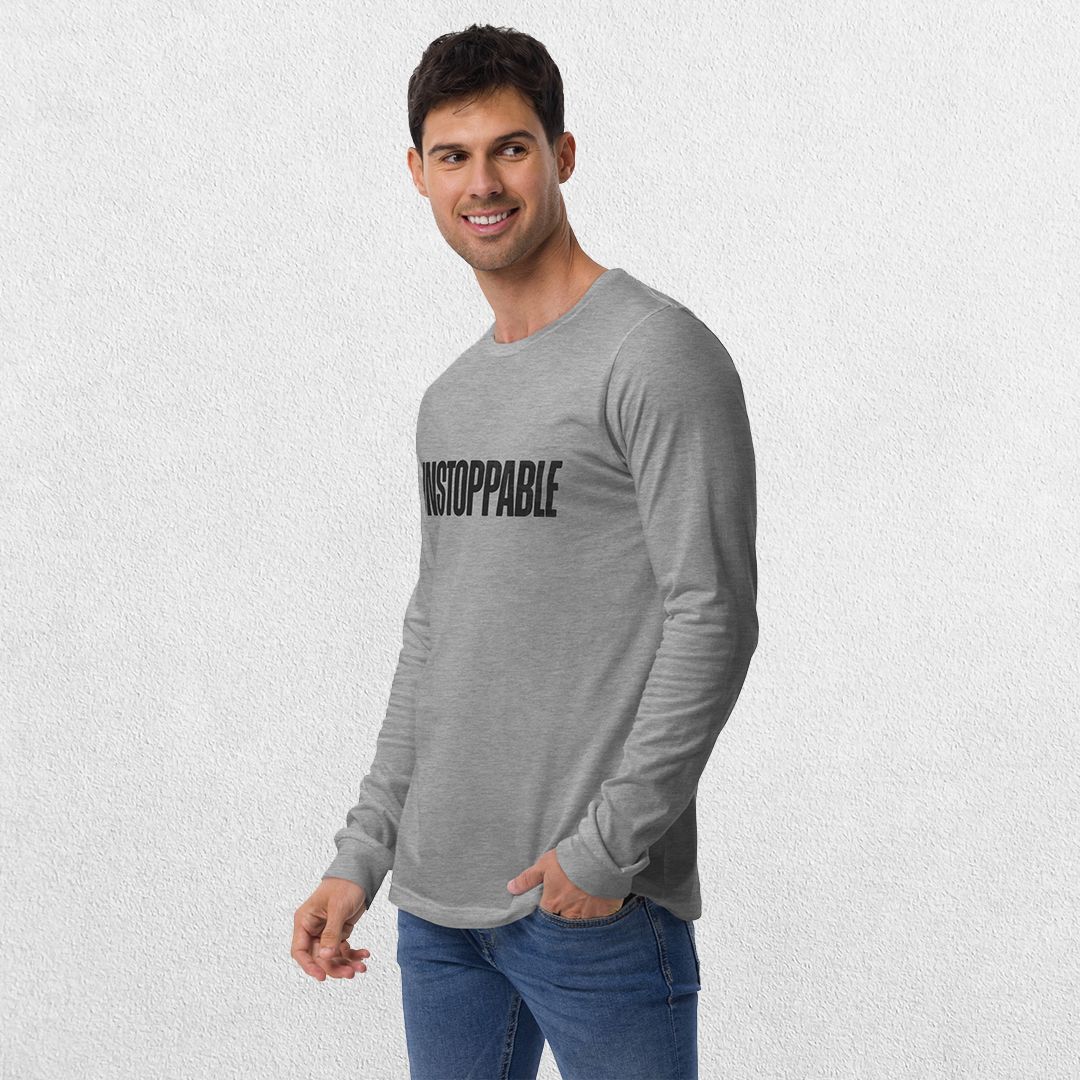 Model wearing the Athletic heather GPW Unisex Long Sleeve Tee with Unstoppable Design with jeans.