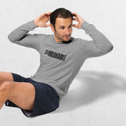 Model wearing the Athletic Heather Unbreakable Printed Unisex Long Sleeve Tee – Durable and Versatile Style