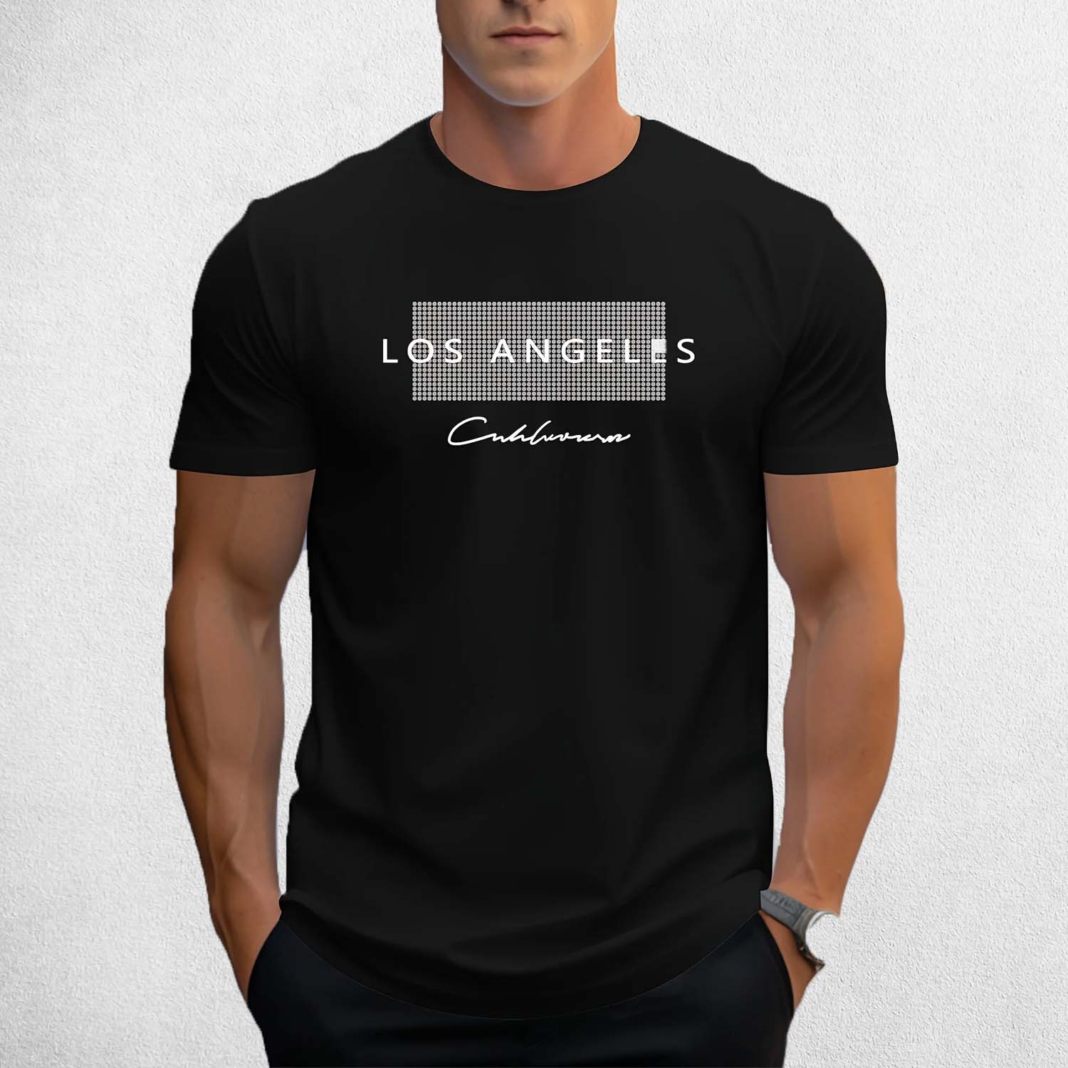 Model wearing Men’s Los Angeles Graphic Cotton T-Shirt – Breathable & Casual Summer Tee in a studio background