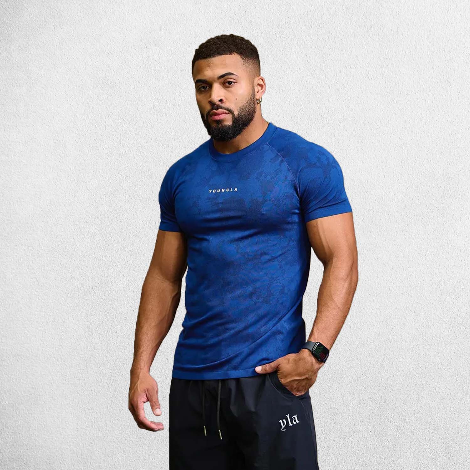 Front view of model wearing BLue Men’s Quick-Drying Gym Sports Fitness New Summer Compression T-Shirt