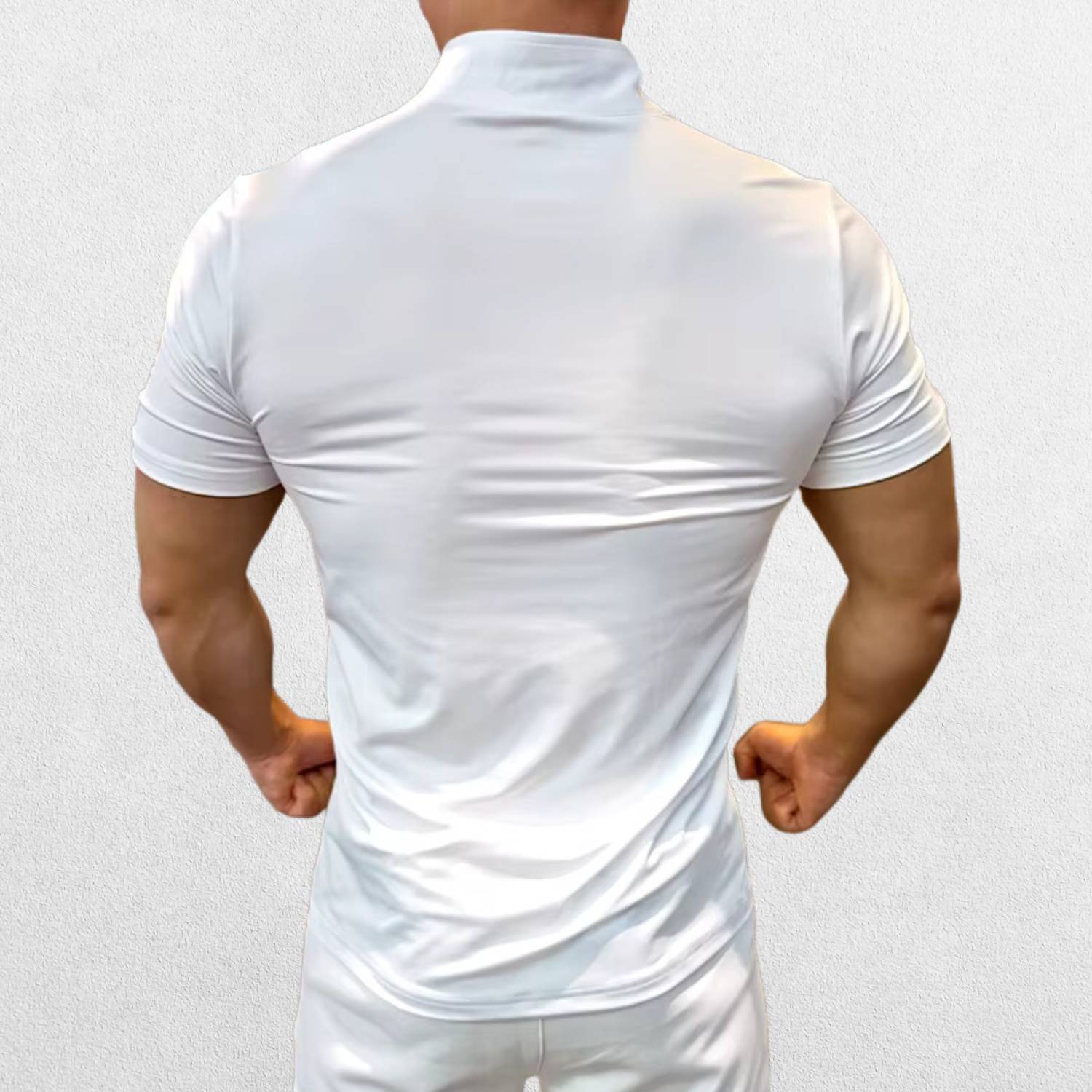 Back view of the GPW Men's High-Performance Short Sleeve Training Shirt in white, showcasing the ergonomic cut and breathable construction against a minimal studio background.