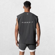 Back view of the GPW Men's Performance Round Neck Sleeveless Shirt in grey, emphasizing the shirt's back design with a studio backdrop.