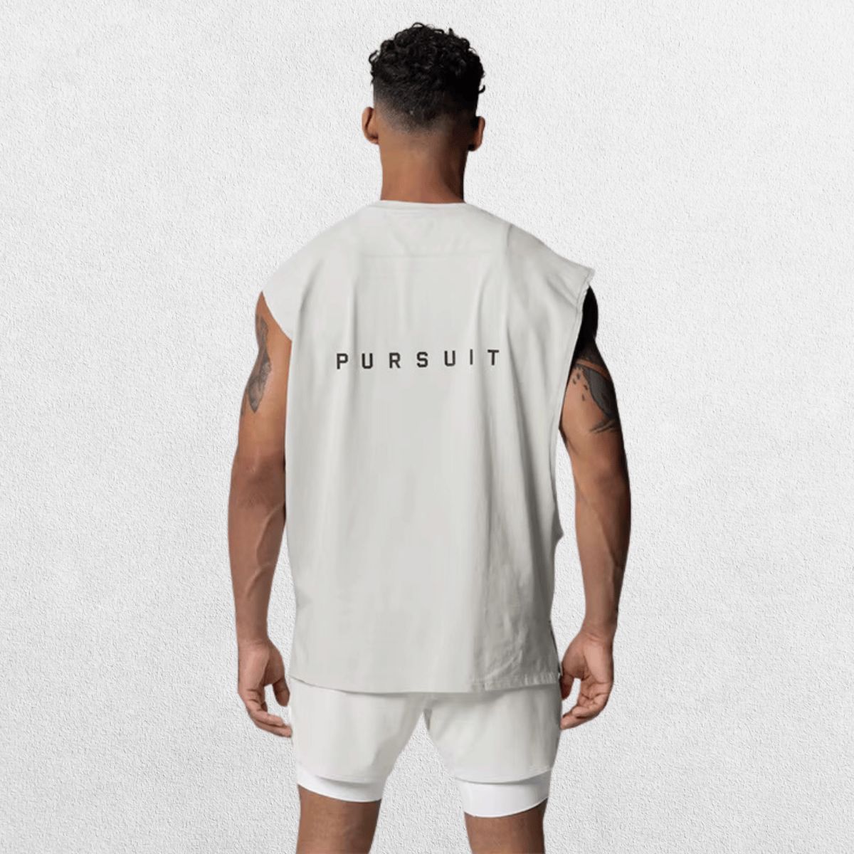 Back view of the GPW Men's Performance Round Neck Sleeveless Shirt in white, displaying the smooth fabric and silhouette against a simple studio backdrop.