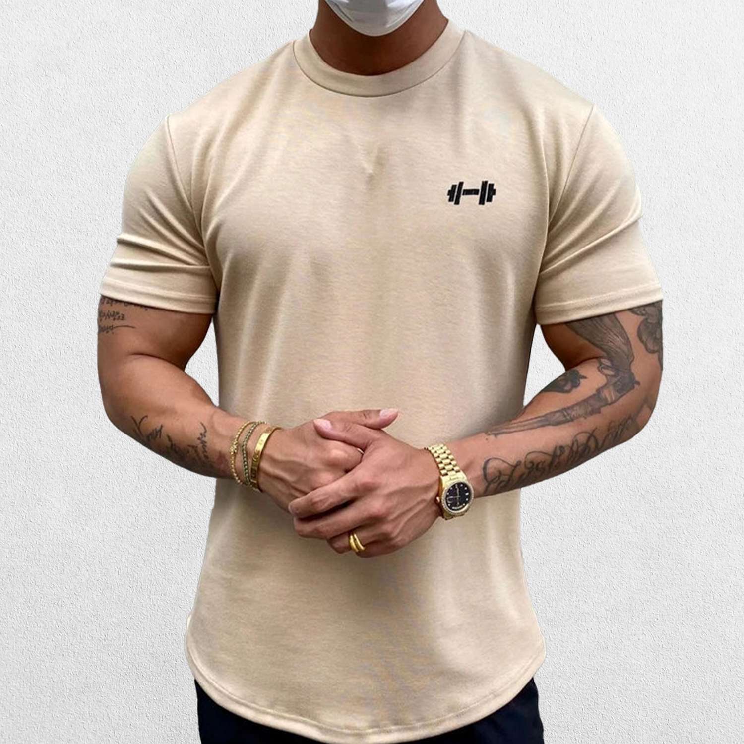 Model wearing Beige GPW Men's Fit Summer Gym T-Shirt - Bodybuilding Streetwear Tee