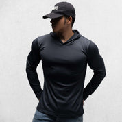 Model wearing Black Athletic Fit Fitness Hoodie Top For Running, Bodybuilding, and Fitness