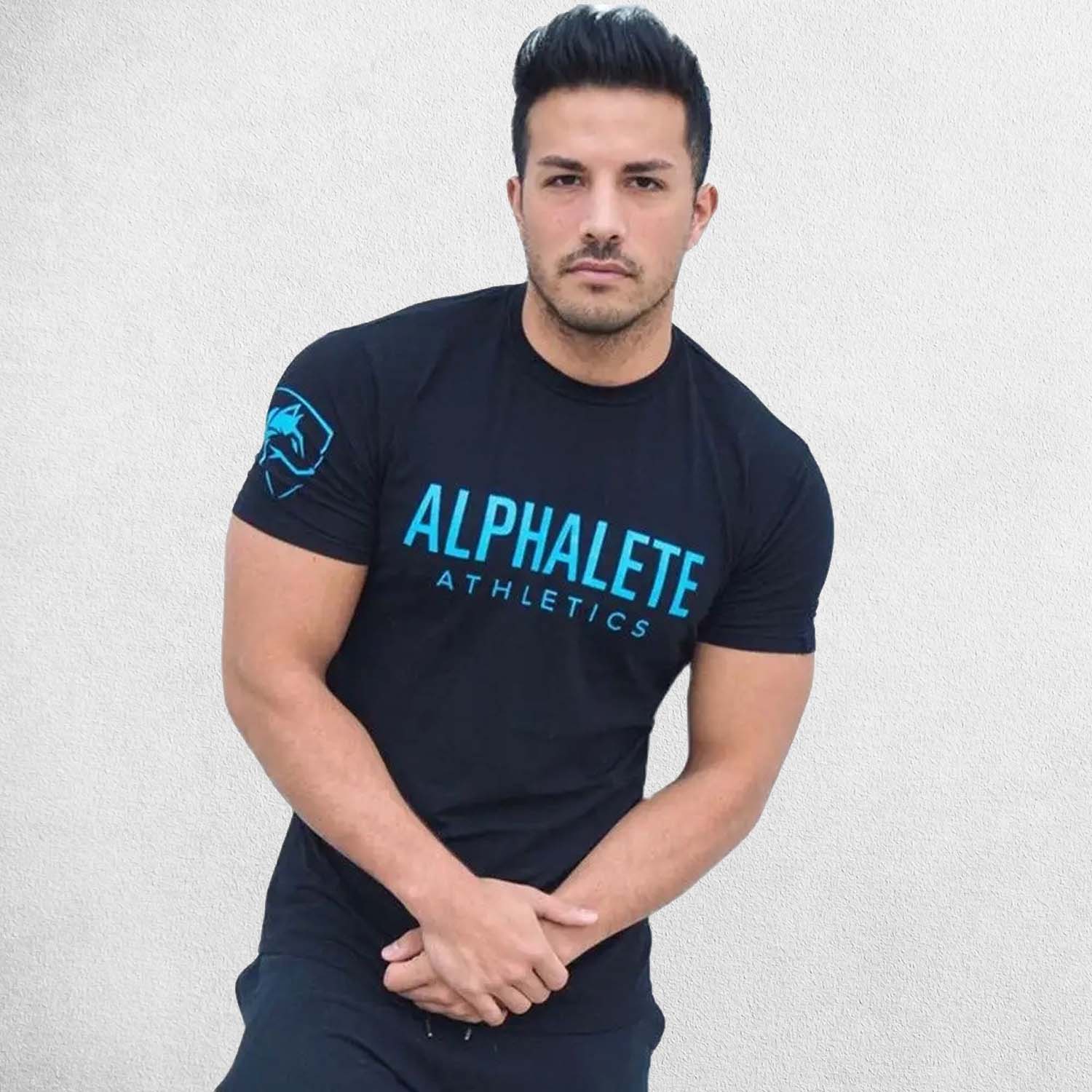 Model showcasing Black BLue muscle fit t-shirt for gym and casual wear
