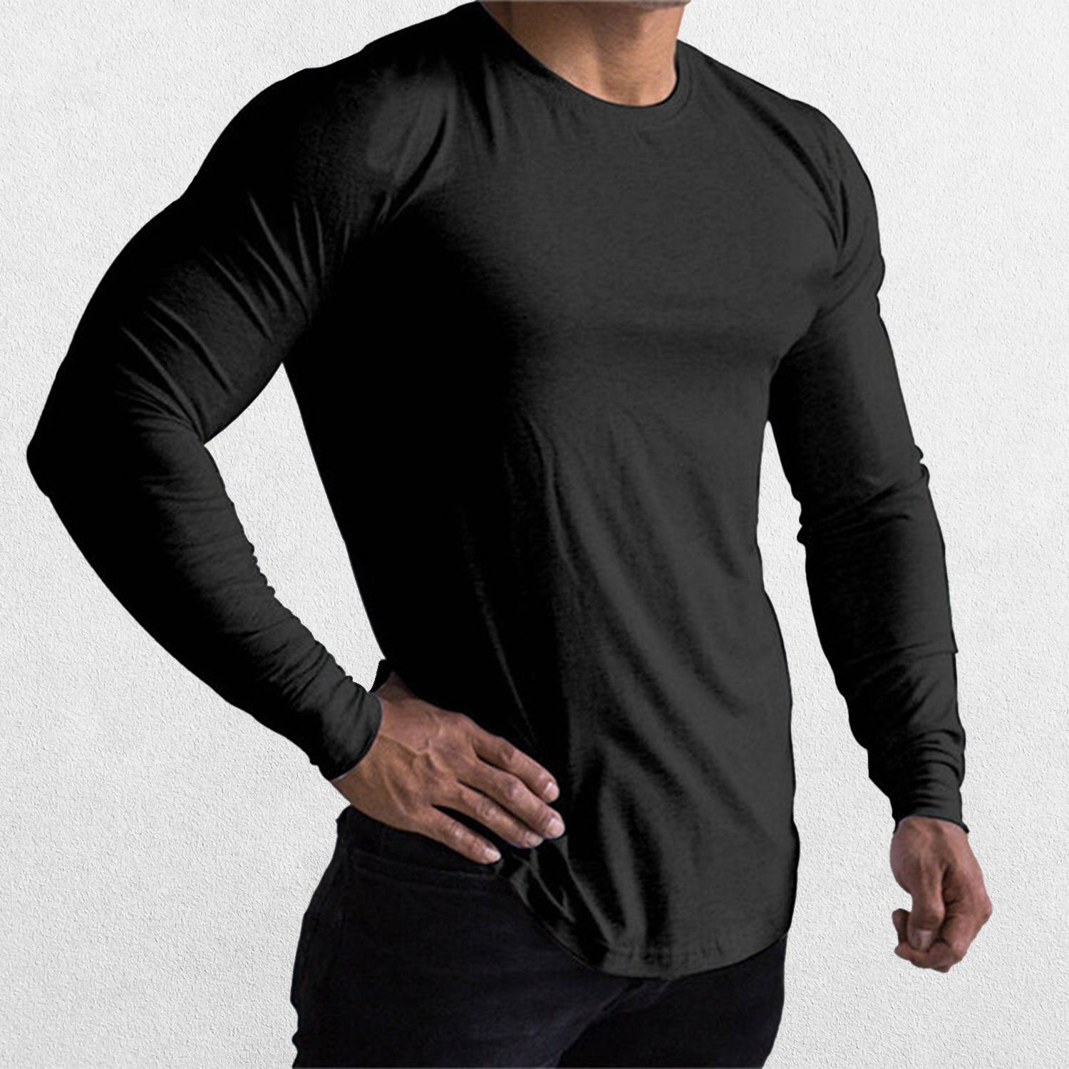 Black GPW Men’s Long Sleeve Gym T-Shirt - breathable cotton fabric for bodybuilding and sports.