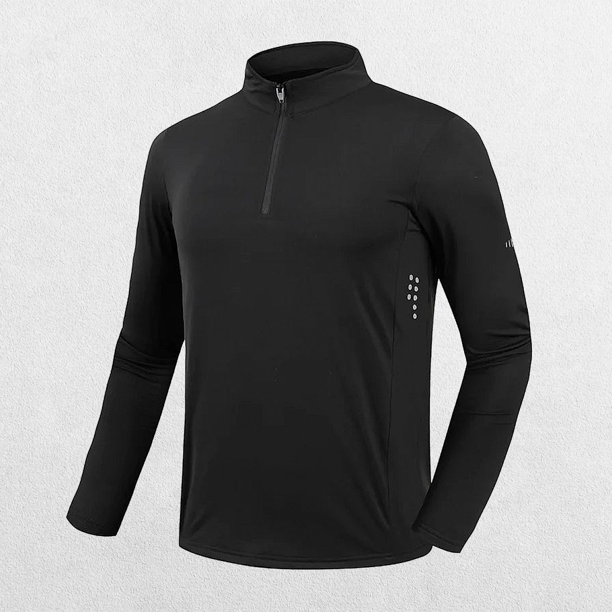 Close-up of Black GPW Men's Half Zipper Stand Collar Sports shirt.