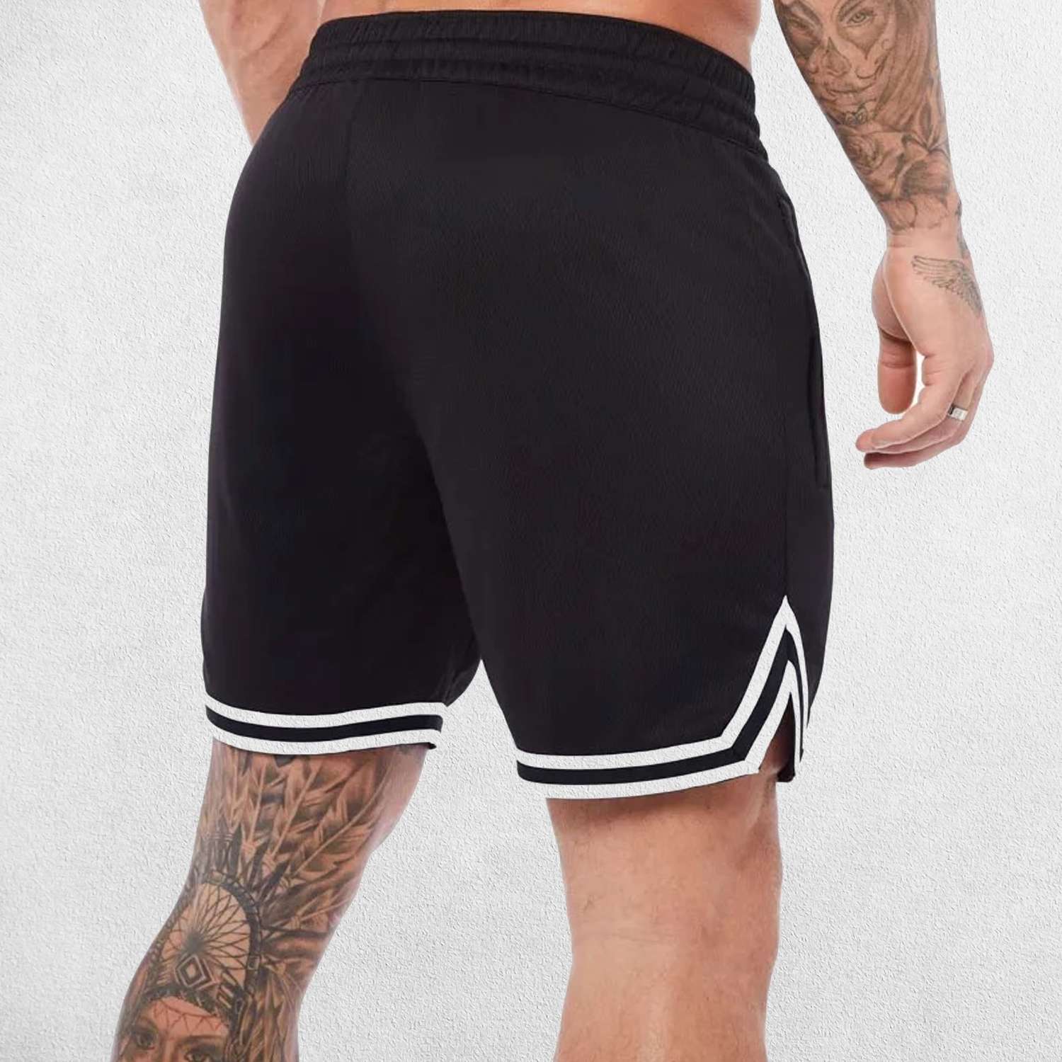 Back Side Close-up of Black GPW Men's Quick-Dry Gym Shorts - Summer Fitness and Sportswear in a studio background