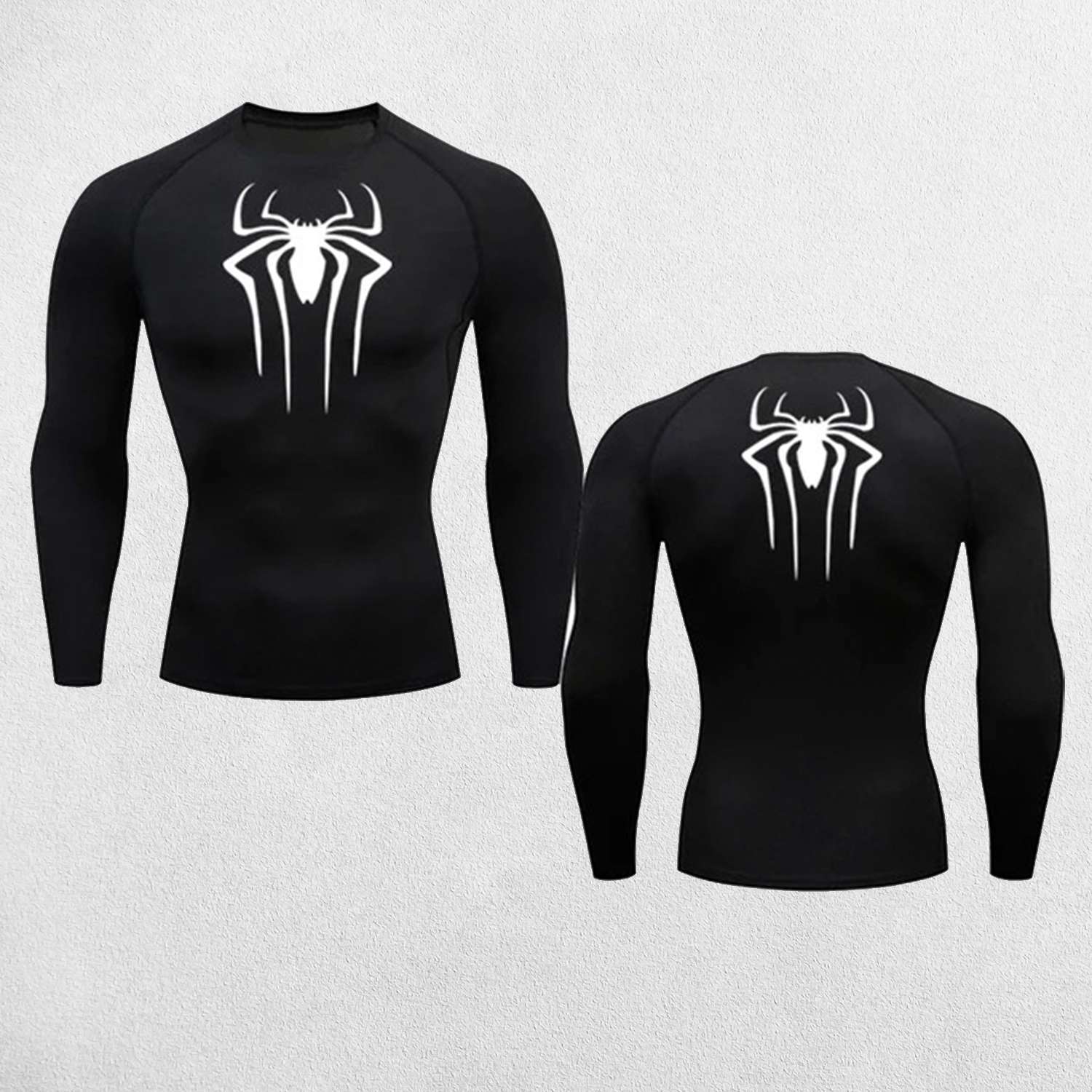 Front And Back Close Up of Black GPW Men's Spider Print Compression Tee - Athletic Quick Dry Workout Shirt