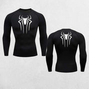Front And Back Close Up of Black GPW Men's Spider Print Compression Tee - Athletic Quick Dry Workout Shirt