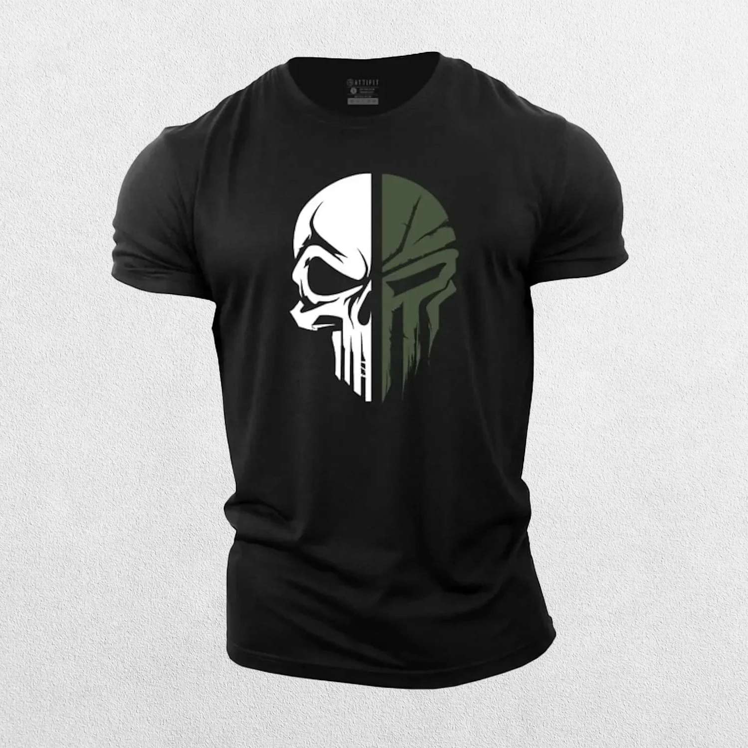 Close-up of Black GPW Mens Short Sleeve 2D Skull Cotton T-Shirt For Gym And Casual Style in a studio background