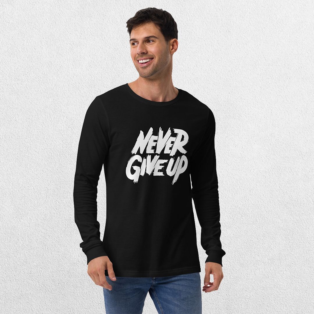 Model wearing the Black GPW Never Give Up Shirt styled with jeans.