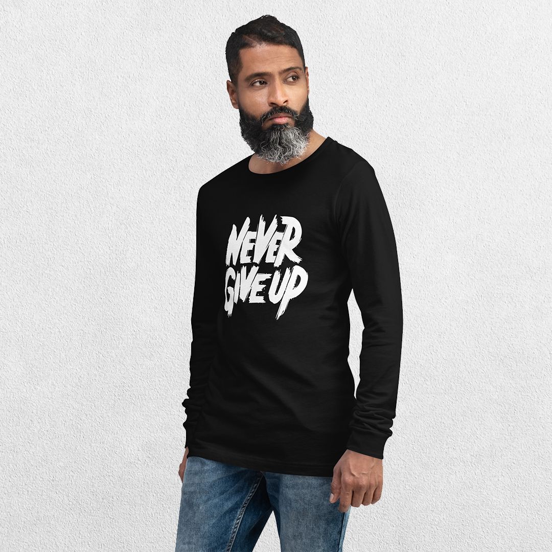 Model wearing the Black GPW Never Give Up Shirt styled with jeans.