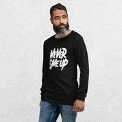 Model wearing the Black GPW Never Give Up Shirt styled with jeans.