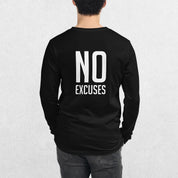 Back view of the Black GPW No Excuses Printed Unisex Long Sleeve Tee with motivational print.