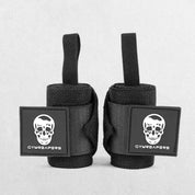 Black Adjustable wrist wraps being secured with a Velcro strap.