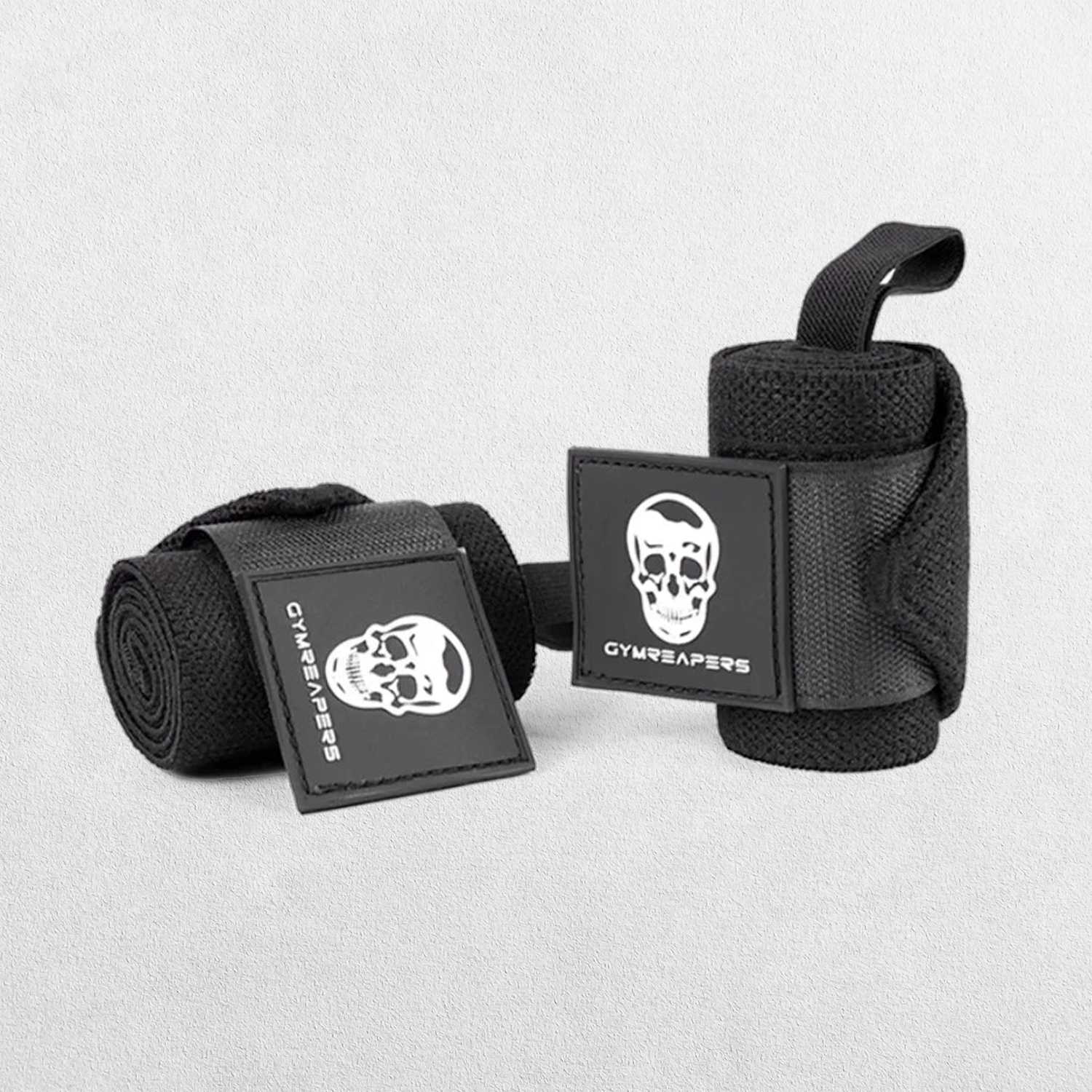 Black Elastic wrist wraps laid flat, showcasing premium durability and skull design.