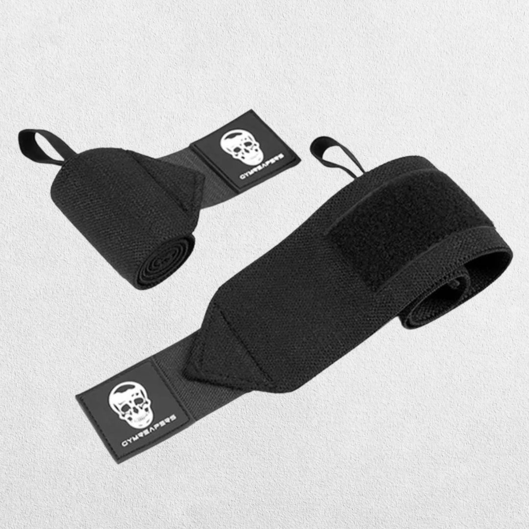 Close-up of Black GPW Skull Weightlifting Wrist Wraps with thumb loop for secure gym performance.