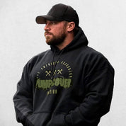 Model With front pose wearing Black green Oversized hoodie with durable print.