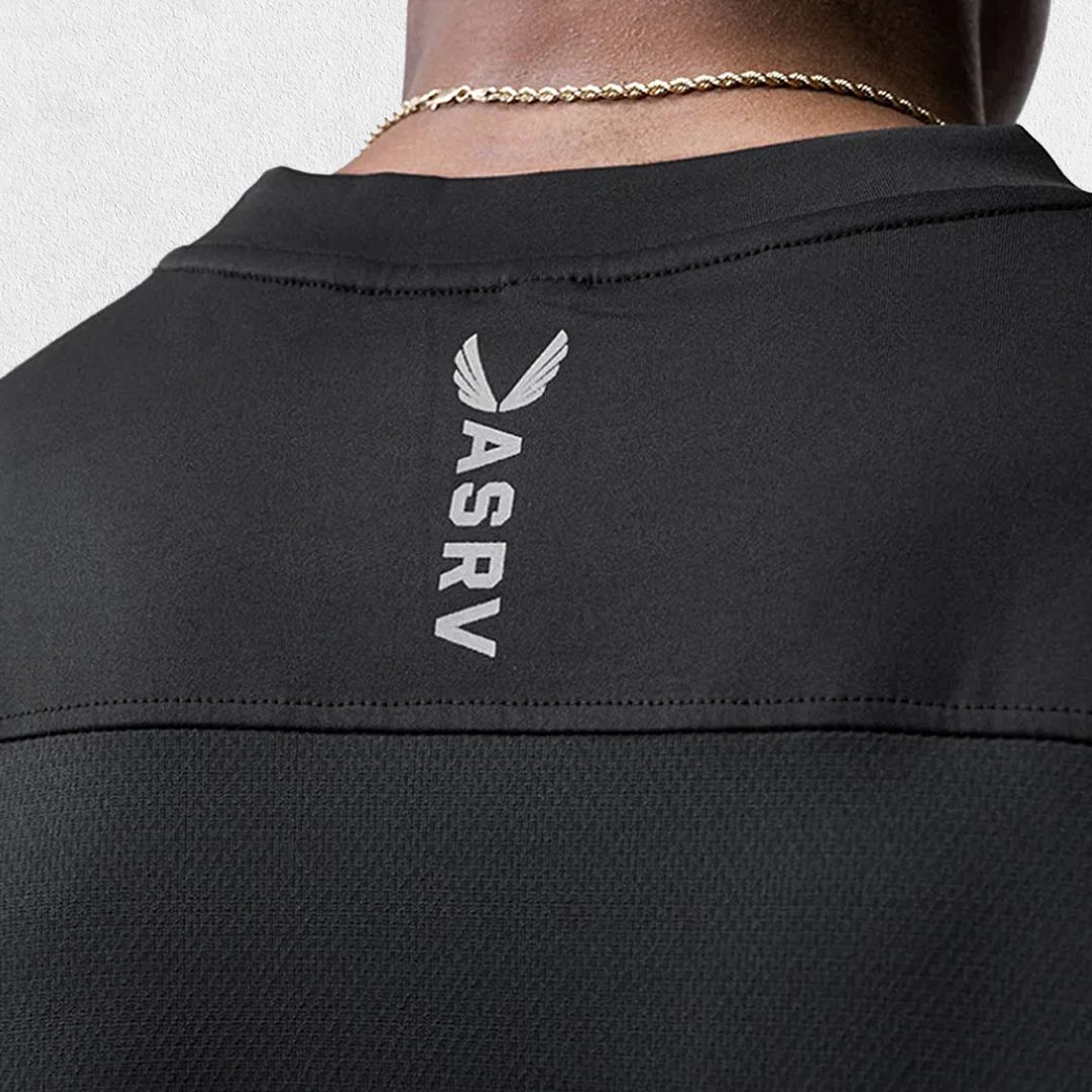 Close-up of Black Grey GPW Men's Summer Quick-Dry Gym Casual Tee in a studio background