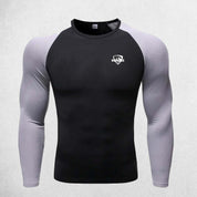 Close Up of Black Grey Men's Compression Quick-Dry Long Sleeve T-Shirt – Tight-Fit Gym & Running Sportswear for Training & Fitness