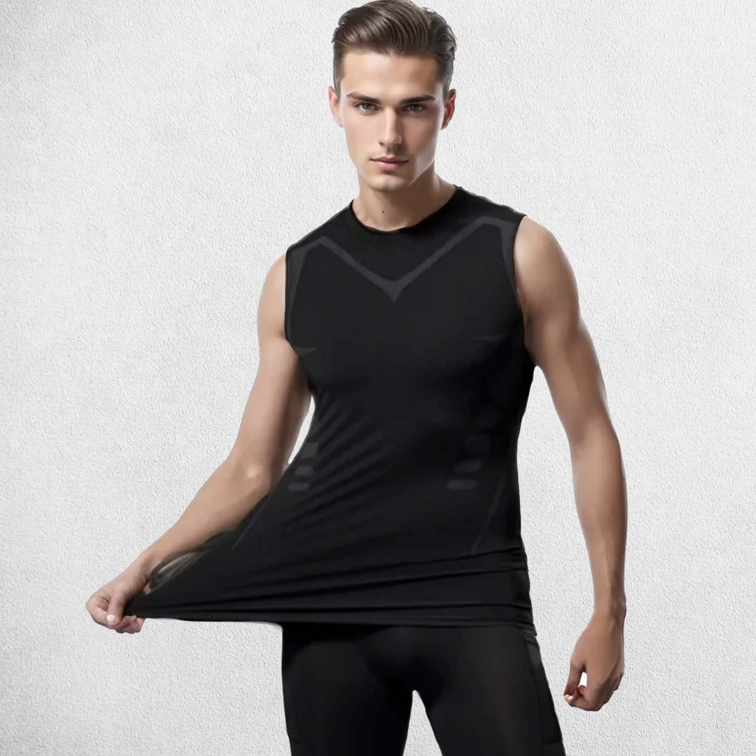 Black Grey Man Wearing Stretchable Compression Tank for Posture Support & Body