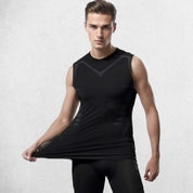 Black Grey Man Wearing Stretchable Compression Tank for Posture Support & Body