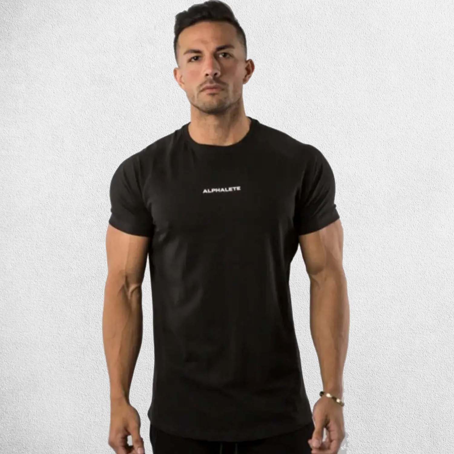 Front View of Model Wearing Black Gym Cotton T-Shirt for Men – Slim Fit, Short Sleeve, Workout & Bodybuilding Tee