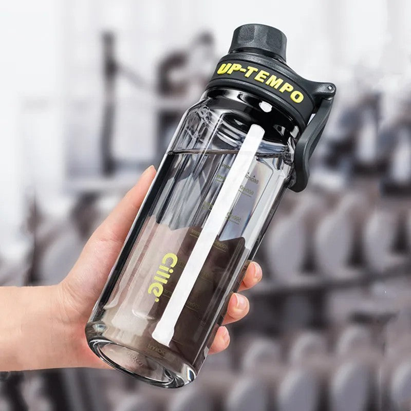 Person in Hand showing Tritan water bottle with built-in filter for gym and outdoor use