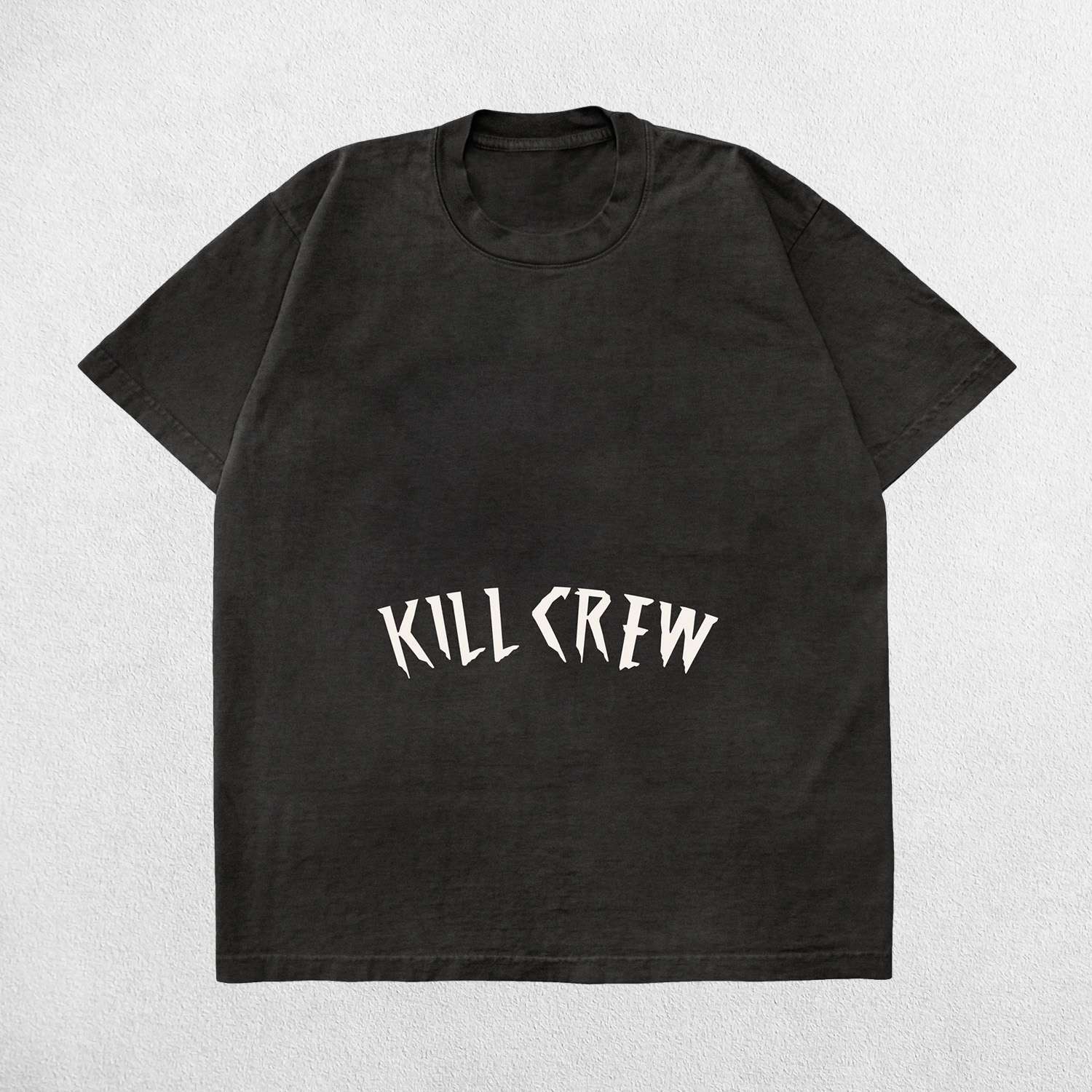 Black Kill Crew Men’s Oversized Summer Gym Tee front view featuring acid-wash cotton design.