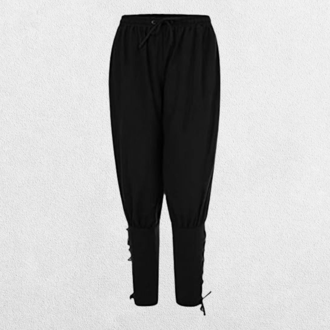 Front view of Black loose-fit Viking Navigator Pants with lace-up calf design.