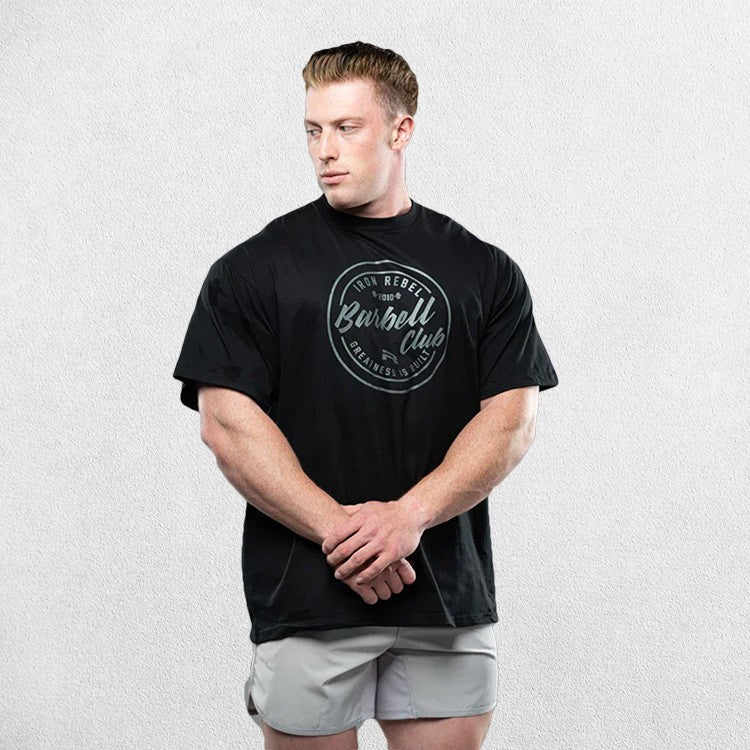 Black Loose Fit Barbell Club Tee - Oversized gym shirt front view.