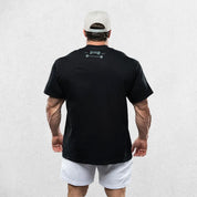 Black Men’s Oversized Crew Neck Gym Shirt - Back graphic view.