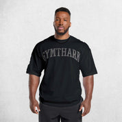 Front View of Model Wearing Black Loose Fit Oversized Gym Tee – Heavyweight Cotton, Premium Comfort & Strength