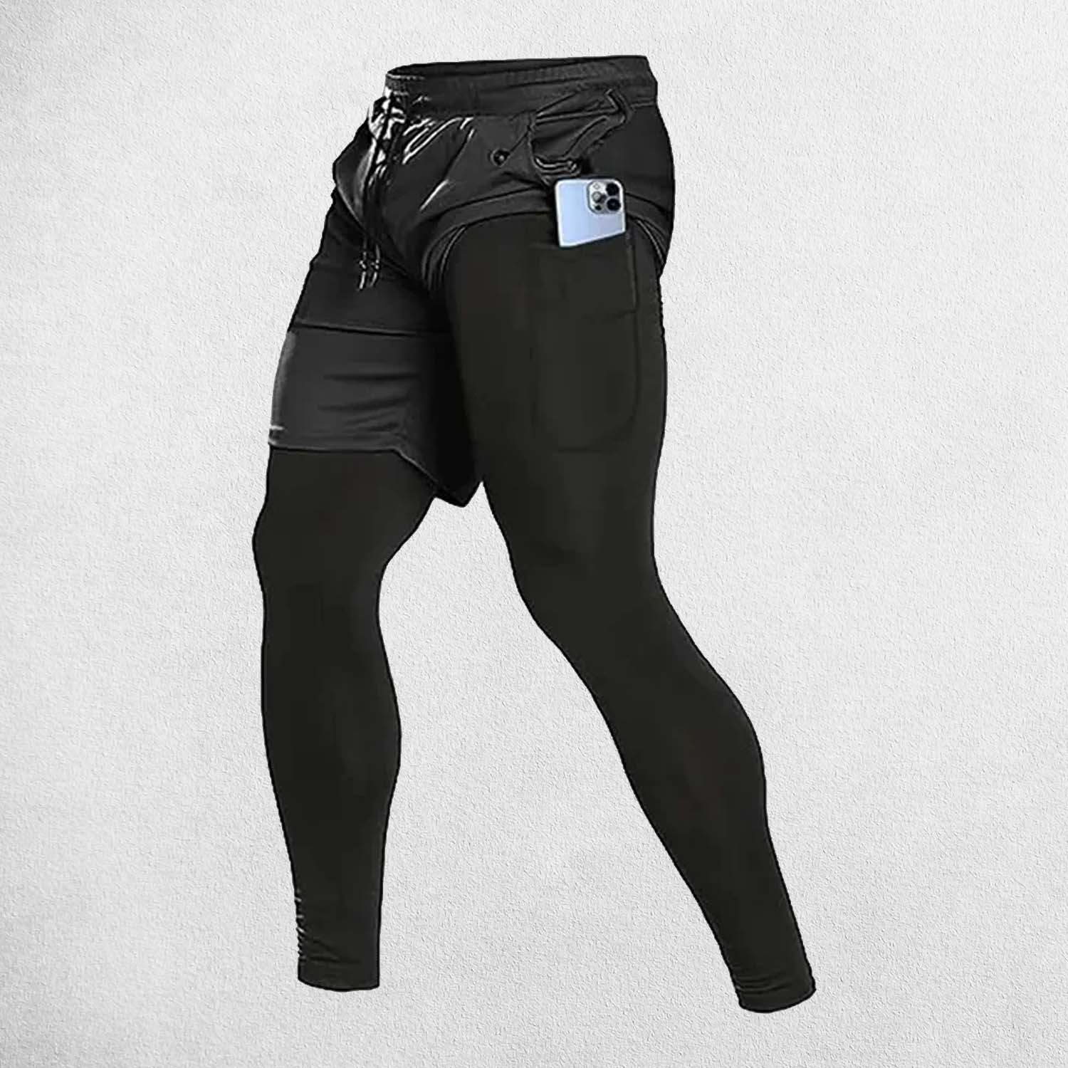 Zipper pocket on Black men’s workout pants holding a smartphone