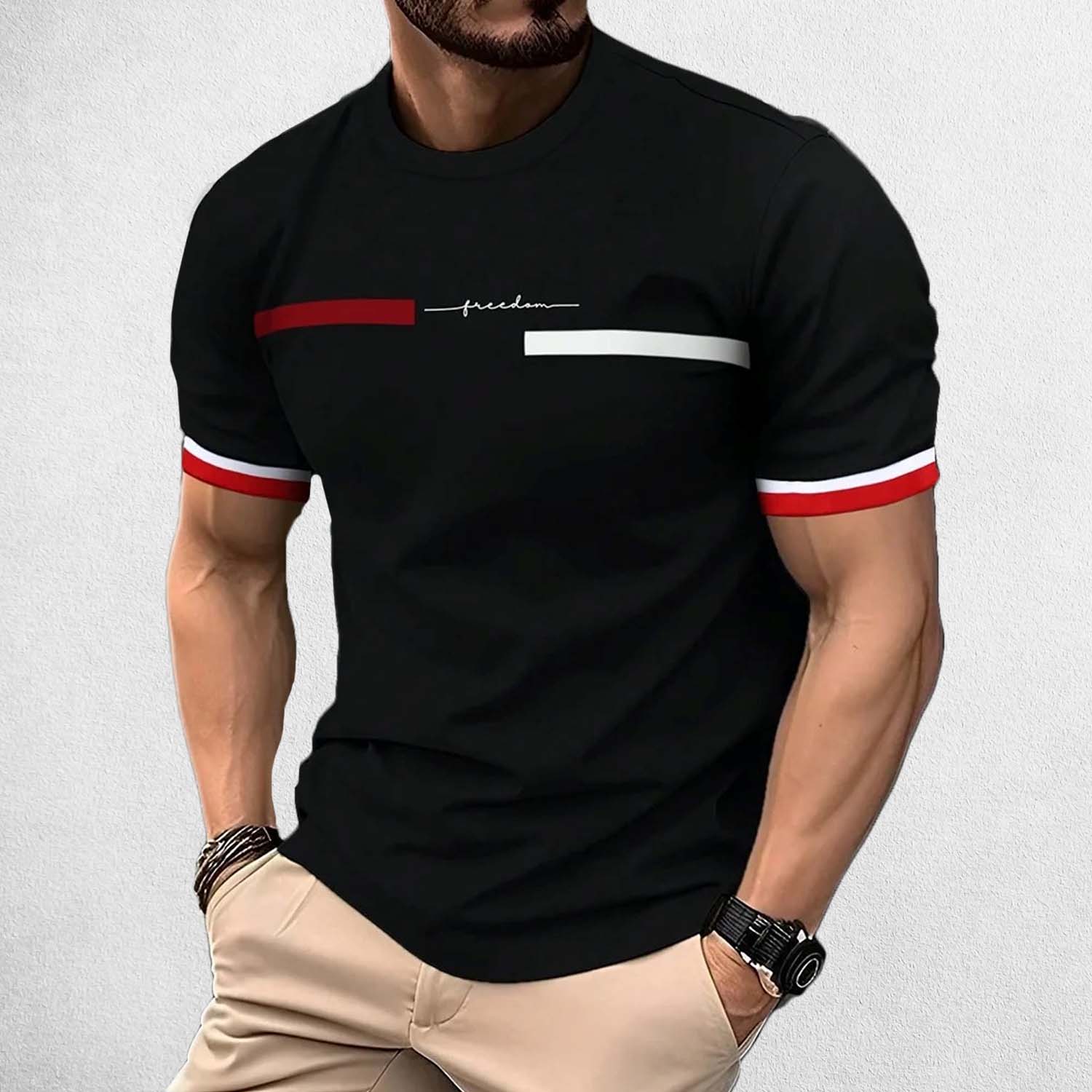 Front View of Model Wearing  Black Men’s 3D Striped Letter Print Oversized T-Shirt – Casual Streetwear Hip-Hop Tee