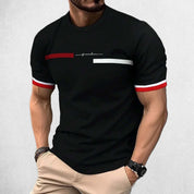 Front View of Model Wearing  Black Men’s 3D Striped Letter Print Oversized T-Shirt – Casual Streetwear Hip-Hop Tee