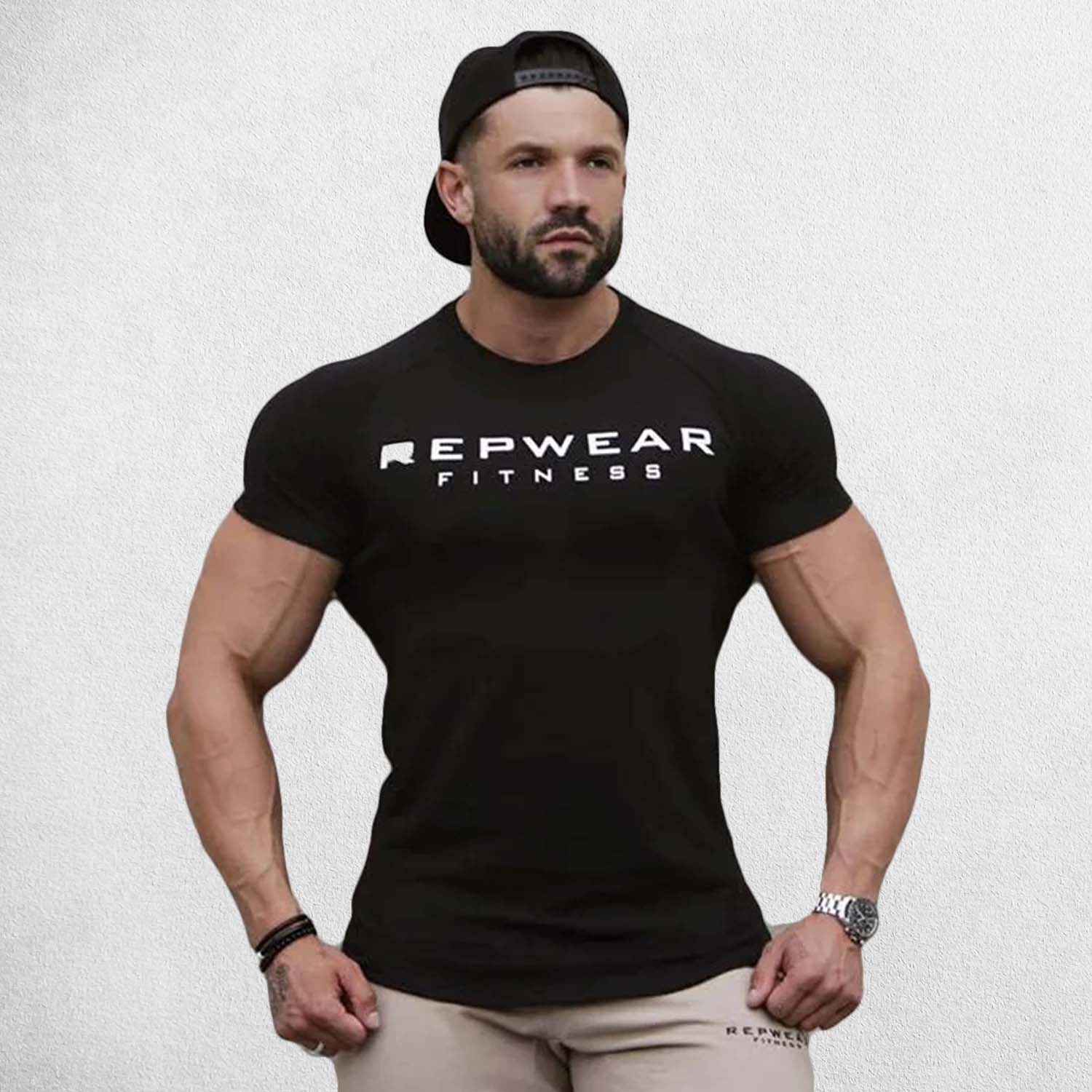 Front Pose of Model wearing Black Men’s Athletic Fit Gym T-Shirt – Breathable Cotton Workout Shirt for Training & Casual Wear